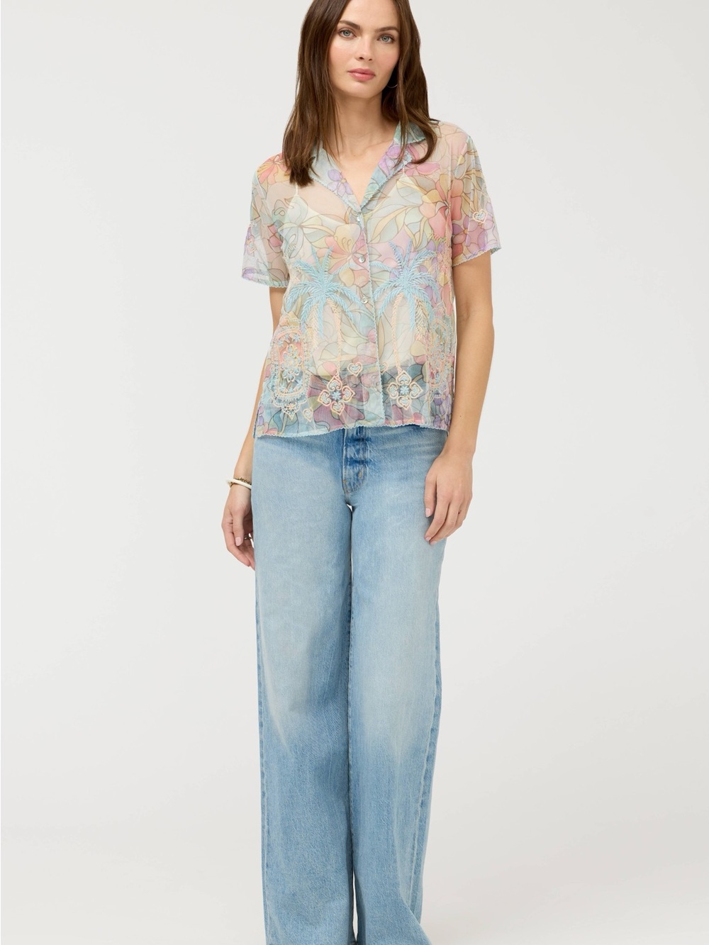 Sheer Pastel Floral Button-Down Shirt